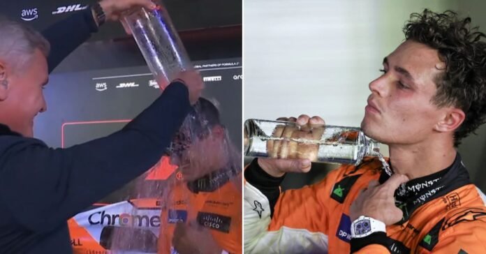 David Coulthard pours water on Lando Norris. | Credits: Getty Images/F1TV