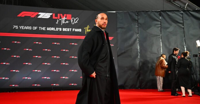 LONDON, ENGLAND - FEBRUARY 18: Lewis Hamilton of Great Britain and Scuderia Ferrari poses for a photo as he attends F1 75 Live at The O2 Arena on February 18, 2025 in London, England. (Photo by Mark Sutton - Formula 1/Formula 1 via Getty Images)