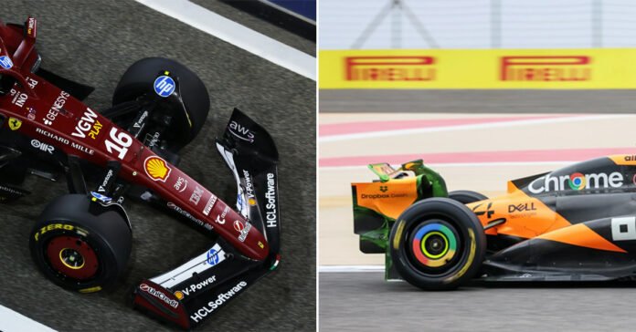 Charles Leclerc of Monaco driving the (16) Scuderia Ferrari SF-25 on track during day one of F1 Testing at Bahrain International Circuit on February 26, 2025 in Bahrain, Bahrain. (Photo by Mark Thompson/Getty Images), BAHRAIN, BAHRAIN – FEBRUARY 26: Lando Norris of Great Britain driving the (4) McLaren MCL39 Mercedes on track during day one of F1 Testing at Bahrain International Circuit on February 26, 2025 in Bahrain, Bahrain. (Photo by Clive Rose/Getty Images)