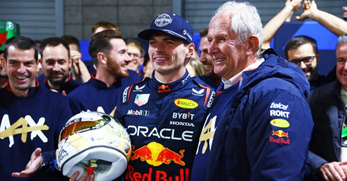 LAS VEGAS, NEVADA - NOVEMBER 23: 2024 F1 World Drivers Champion Max Verstappen of the Netherlands and Oracle Red Bull Racing celebrates with Oracle Red Bull Racing Team Consultant Dr Helmut Marko in the Paddock after the F1 Grand Prix of Las Vegas at Las Vegas Strip Circuit on November 23, 2024 in Las Vegas, Nevada. (Photo by Mark Thompson/Getty Images)