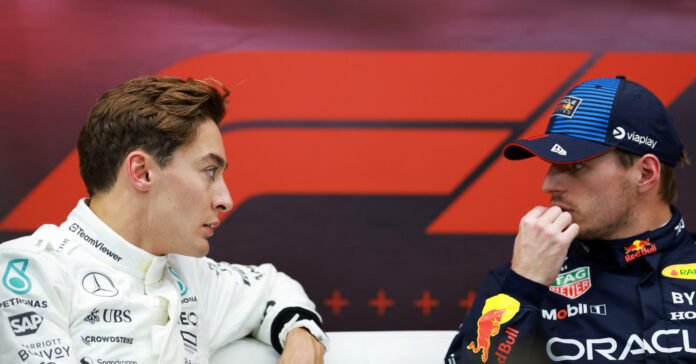 LUSAIL CITY, QATAR - NOVEMBER 30: Pole position qualifier Max Verstappen of the Netherlands and Oracle Red Bull Racing and Second placed qualifier George Russell of Great Britain and Mercedes attend the press conference after qualifying ahead of the F1 Grand Prix of Qatar at Lusail International Circuit on November 30, 2024 in Lusail City, Qatar. (Photo by Bryn Lennon/Getty Images) // Getty Images / Red Bull Content Pool // SI202411300417 // Usage for editorial use only //