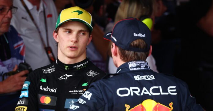 MELBOURNE, AUSTRALIA - MARCH 15: Second placed qualifier Oscar Piastri of Australia and McLaren talks with Third placed qualifier Max Verstappen of the Netherlands and Oracle Red Bull Racing during qualifying ahead of the F1 Grand Prix of Australia at Albert Park Grand Prix Circuit on March 15, 2025 in Melbourne, Australia. (Photo by Clive Rose/Getty Images) // Getty Images / Red Bull Content Pool // SI202503150215 // Usage for editorial use only //