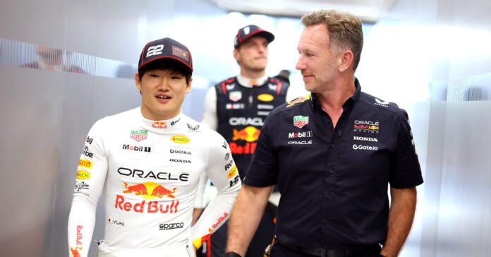 JEDDAH, SAUDI ARABIA - APRIL 18: Yuki Tsunoda of Japan and Oracle Red Bull Racing talks with Christian Horner, Team Principal of Oracle Red Bull Racing during practice ahead of the F1 Grand Prix of Saudi Arabia at Jeddah Corniche Circuit on April 18, 2025 in Jeddah, Saudi Arabia. (Photo by Alex Pantling/Getty Images) // Getty Images / Red Bull Content Pool // SI202504180942 // Usage for editorial use only //