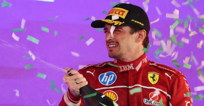 Charles Leclerc celebrates his podium at the Saudi Arabia Grand Prix // Red Bull Content Pool / Getty Images //