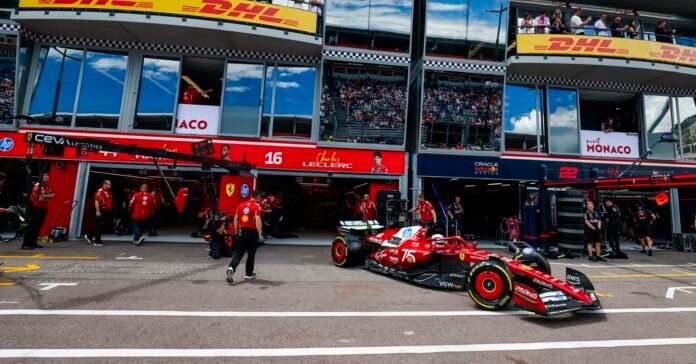 Charles Leclerc leaving the Ferrari garage during FP1 in Monaco GP