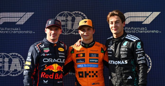IMOLA, ITALY - MAY 17: Top three qualifiers Pole position qualifier Oscar Piastri of Australia and McLaren Second placed qualifier Max Verstappen of the Netherlands and Oracle Red Bull Racing and Third placed qualifier George Russell of Great Britain and Mercedes AMG Petronas F1 Team during qualifying ahead of the F1 Grand Prix of Emilia-Romagna at Autodromo Internazionale Enzo e Dino Ferrari on May 17, 2025 in Imola, Italy. (Photo by Rudy Carezzevoli/Getty Images) // Getty Images / Red Bull Content Pool // SI202505170377 // Usage for editorial use only //
