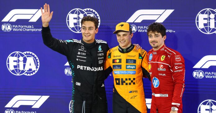 George Russell with Oscar Piastri and Charles Leclerc after Bahrain GP
