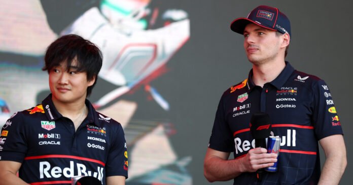 BARCELONA, SPAIN - MAY 31: Yuki Tsunoda of Japan and Oracle Red Bull Racing and Max Verstappen of the Netherlands and Oracle Red Bull Racing on the podium prior to final practice ahead of the F1 Grand Prix of Spain at Circuit de Barcelona-Catalunya on May 31, 2025 in Barcelona, Spain. (Photo by Mark Thompson/Getty Images) // Getty Images / Red Bull Content Pool // SI202505310165 // Usage for editorial use only //