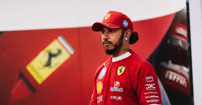 Lewis Hamilton in the number 44 Ferrari garage in Spa, Belgium.