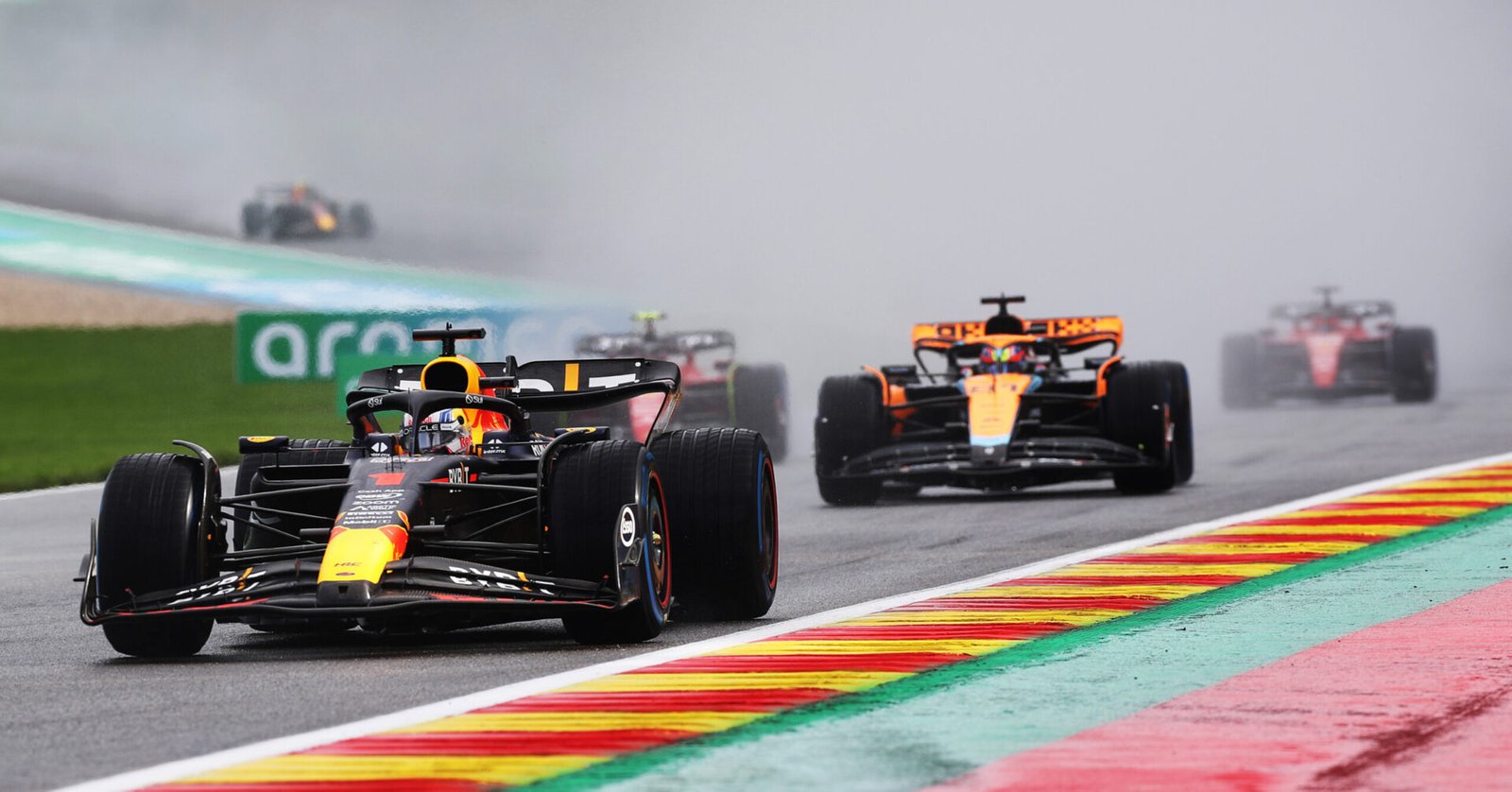 Spa, BELGIUM - JULY 29: Max Verstappen of the Netherlands driving the (1) Oracle Red Bull Racing RB19 leads Oscar Piastri of Australia driving the (81) McLaren MCL60 Mercedes during the Sprint ahead of the F1 Grand Prix of Belgium at Circuit de Spa-Francorchamps on July 29, 2023 in Spa, Belgium. (Photo by Peter Fox/Getty Images) // Getty Images / Red Bull Content Pool // SI202307290558 // Usage for editorial use only //