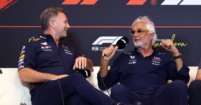 BARCELONA, SPAIN - MAY 30: Christian Horner, Team Principal of Oracle Red Bull Racing, Flavio Briatore, Executive Advisor of Alpine F1 and Mario Isola, Director of Pirelli F1 in the Team Principals Press Conference during practice ahead of the F1 Grand Prix of Spain at Circuit de Barcelona-Catalunya on May 30, 2025 in Barcelona, Spain. (Photo by Clive Rose/Getty Images) // Getty Images / Red Bull Content Pool // SI202505301980 // Usage for editorial use only //