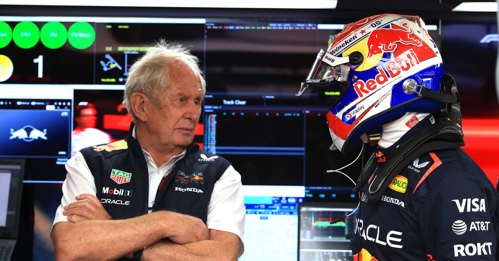 SHANGHAI, CHINA - MARCH 22: Dr Helmut Marko, Team Consultant of Oracle Red Bull Racing and Max Verstappen of the Netherlands and Oracle Red Bull Racing talk in the garage during qualifying ahead of the F1 Grand Prix of China at Shanghai International Circuit on March 22, 2025 in Shanghai, China. (Photo by Mark Thompson/Getty Images) // Getty Images / Red Bull Content Pool // SI202503220259 // Usage for editorial use only //