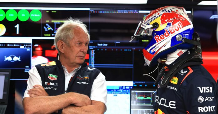 SHANGHAI, CHINA - MARCH 22: Dr Helmut Marko, Team Consultant of Oracle Red Bull Racing and Max Verstappen of the Netherlands and Oracle Red Bull Racing talk in the garage during qualifying ahead of the F1 Grand Prix of China at Shanghai International Circuit on March 22, 2025 in Shanghai, China. (Photo by Mark Thompson/Getty Images) // Getty Images / Red Bull Content Pool // SI202503220259 // Usage for editorial use only //