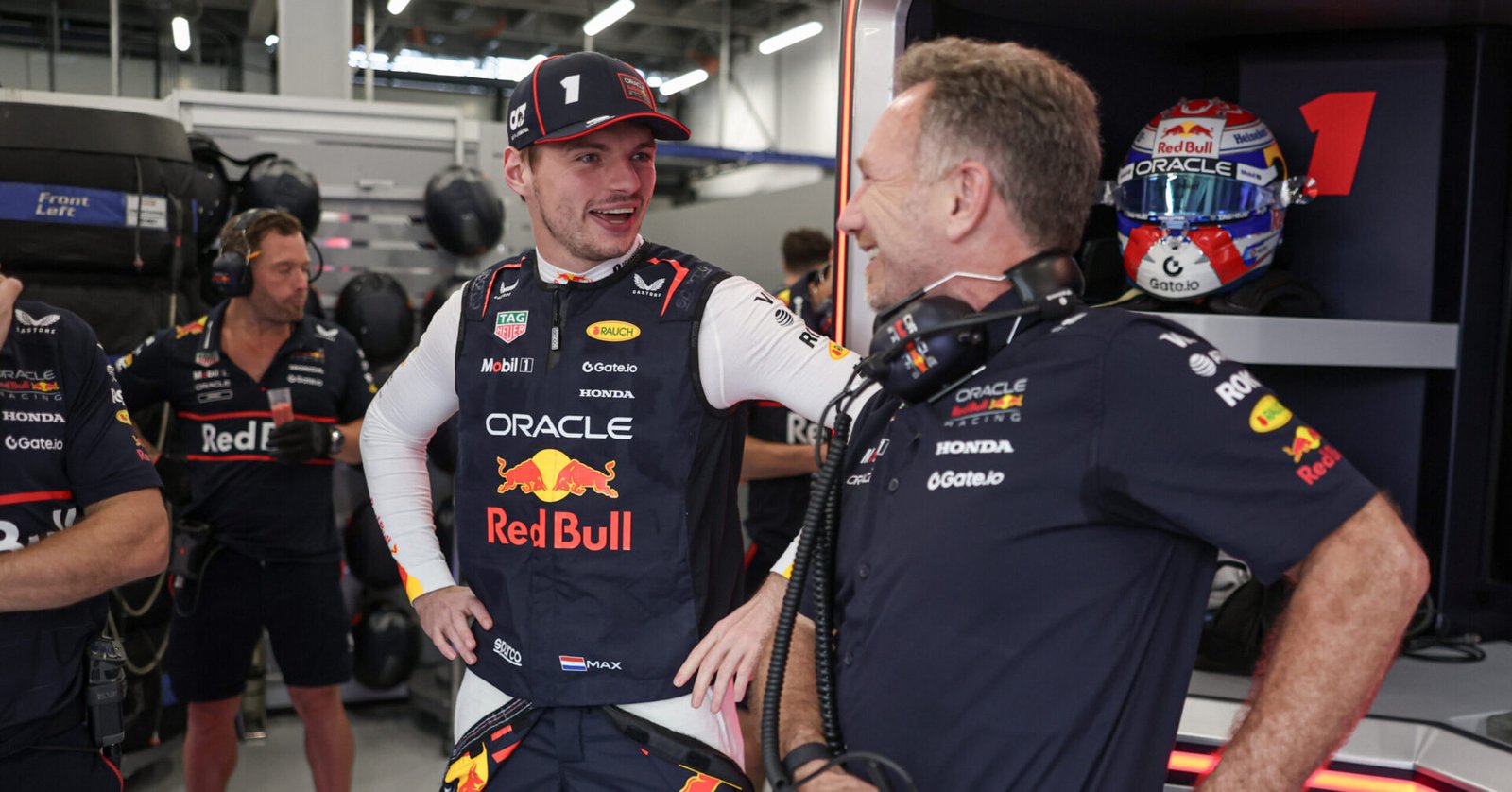 JEDDAH, SAUDI ARABIA - APRIL 18: Max Verstappen of The Netherlands and Oracle Red Bull Racing prepares in the garage next to Christian Horner, Team Principal of Oracle Red Bullduring practice ahead of the F1 Grand Prix of Saudi Arabia at Jeddah Corniche Circuit on April 18, 2025 in Jeddah, Saudi Arabia. (Photo by Alex Pantling/Getty Images) // Getty Images / Red Bull Content Pool // SI202504200102 // Usage for editorial use only //