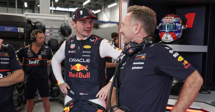 JEDDAH, SAUDI ARABIA - APRIL 18: Max Verstappen of The Netherlands and Oracle Red Bull Racing prepares in the garage next to Christian Horner, Team Principal of Oracle Red Bullduring practice ahead of the F1 Grand Prix of Saudi Arabia at Jeddah Corniche Circuit on April 18, 2025 in Jeddah, Saudi Arabia. (Photo by Alex Pantling/Getty Images) // Getty Images / Red Bull Content Pool // SI202504200102 // Usage for editorial use only //