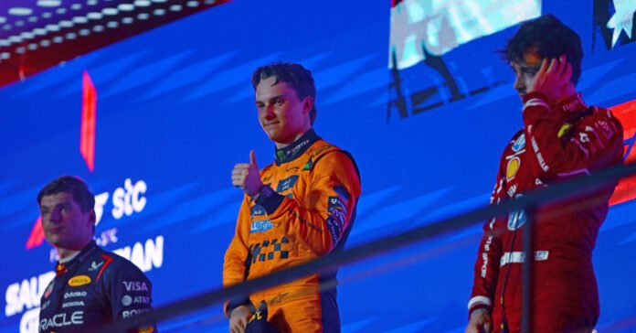 JEDDAH, SAUDI ARABIA - APRIL 20: Race winner Oscar Piastri of Australia and McLaren Second placed Max Verstappen of the Netherlands and Oracle Red Bull Racing and Third placed Charles Leclerc of Monaco and Scuderia Ferrari on the podium during the F1 Grand Prix of Saudi Arabia at Jeddah Corniche Circuit on April 20, 2025 in Jeddah, Saudi Arabia. (Photo by Rudy Carezzevoli/Getty Images) // Getty Images / Red Bull Content Pool // SI202504200319 // Usage for editorial use only //
