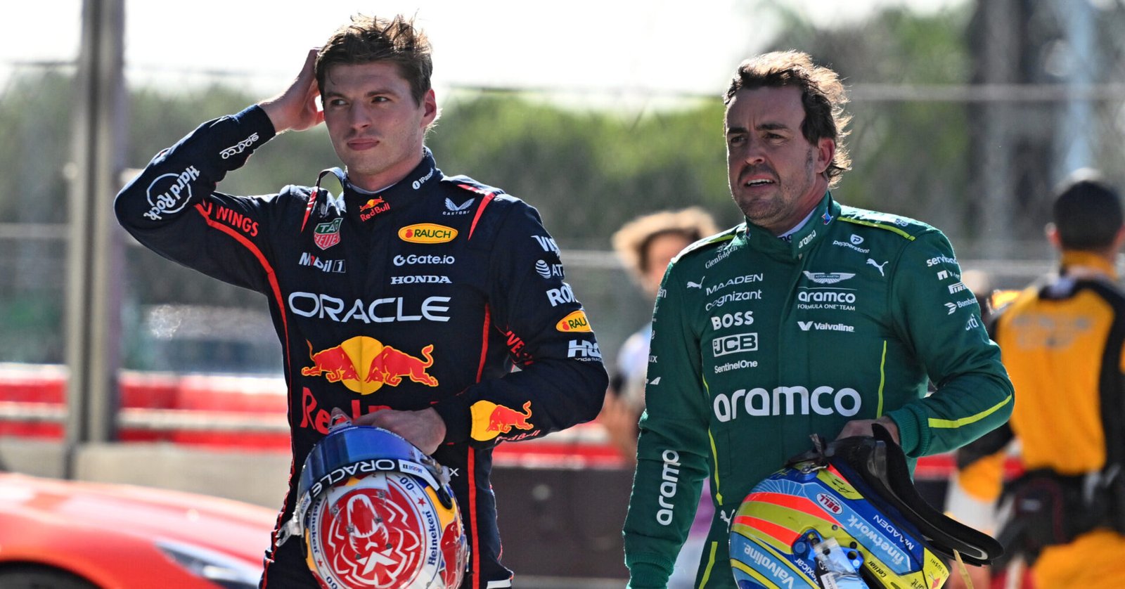 MIAMI, FLORIDA - MAY 02: Max Verstappen of the Netherlands and Oracle Red Bull Racing and Fernando Alonso of Spain and Aston Martin F1 Team in parc ferme during Sprint qualifying ahead of the F1 Grand Prix of Miami at Miami International Autodrome on May 02, 2025 in Miami, Florida. (Photo by Rudy Carezzevoli/Getty Images) // Getty Images / Red Bull Content Pool // SI202505030006 // Usage for editorial use only //