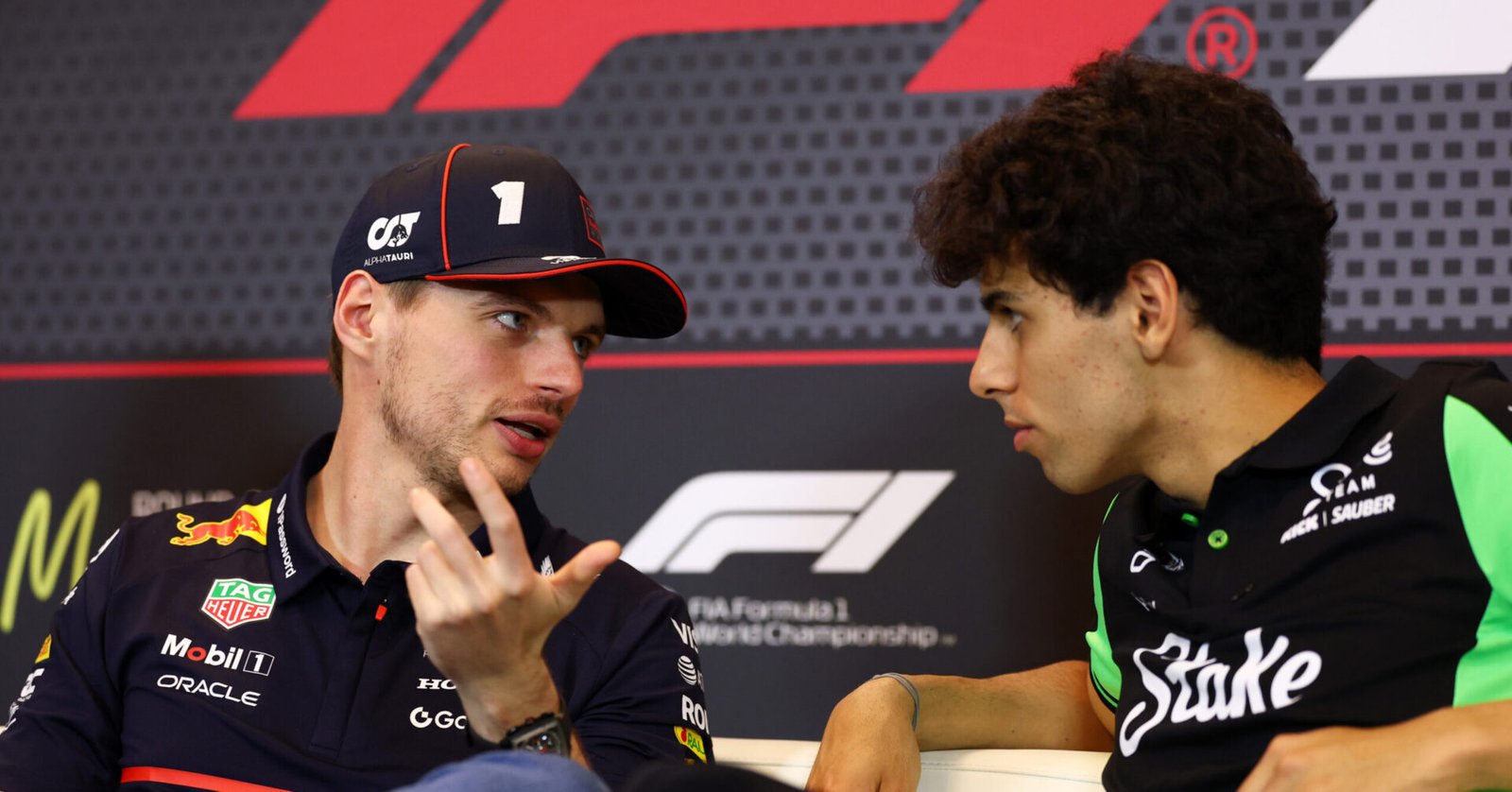 MONTE-CARLO, MONACO - MAY 22: Max Verstappen of the Netherlands and Oracle Red Bull Racing talks with Gabriel Bortoleto of Brazil and Stake F1 Team Kick Sauber in the Drivers Press Conference during previews ahead of the F1 Grand Prix of Monaco at Circuit de Monaco on May 22, 2025 in Monte-Carlo, Monaco. (Photo by Clive Rose/Getty Images) // Getty Images / Red Bull Content Pool // SI202505222641 // Usage for editorial use only //