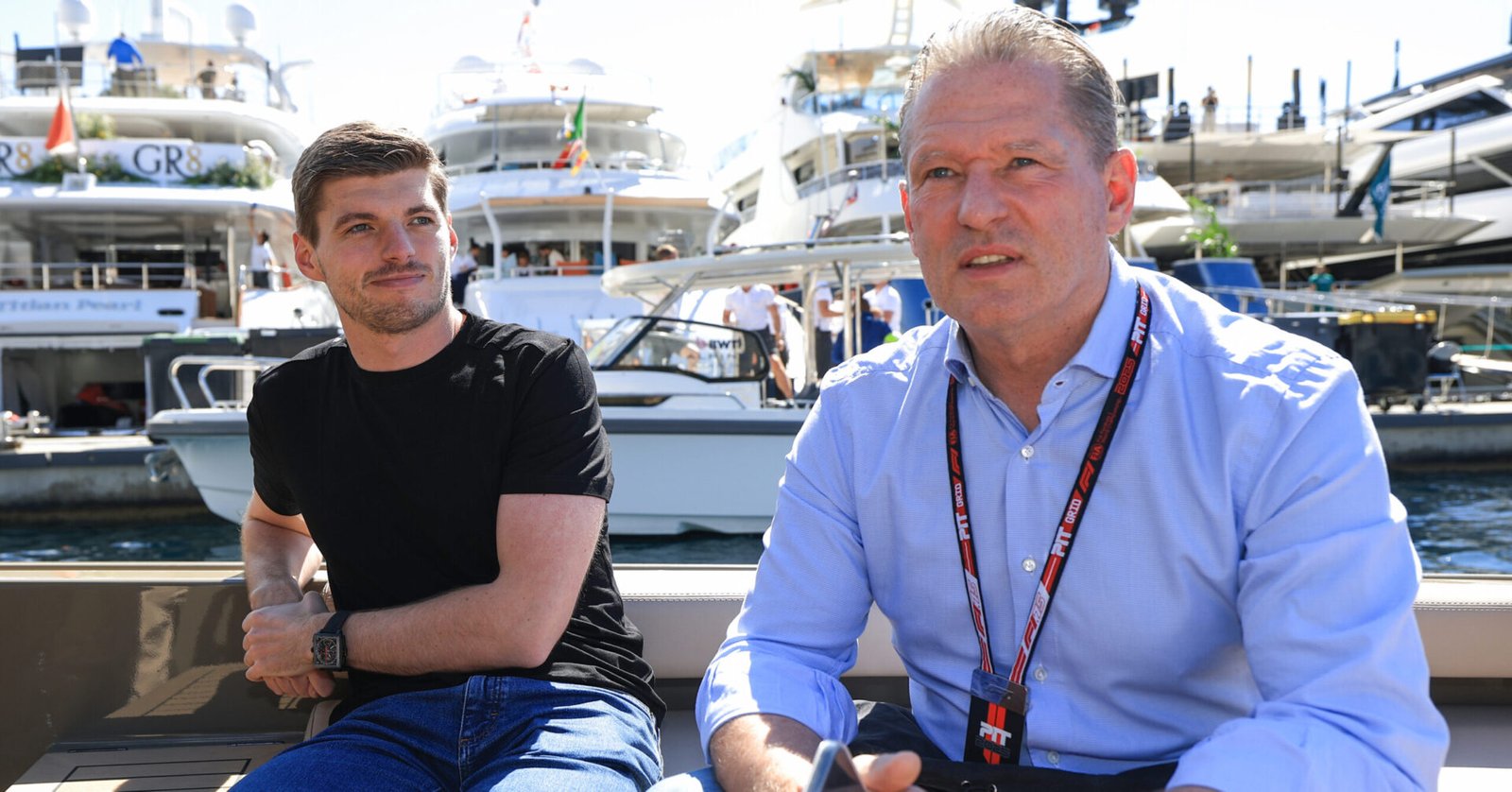 MONTE-CARLO, MONACO - MAY 23: Max Verstappen of the Netherlands and Oracle Red Bull Racing and Jos Verstappen arrive by boat prior to practice ahead of the F1 Grand Prix of Monaco at Circuit de Monaco on May 23, 2025 in Monte-Carlo, Monaco. (Photo by Mark Thompson/Getty Images) // Getty Images / Red Bull Content Pool // SI202505230257 // Usage for editorial use only //