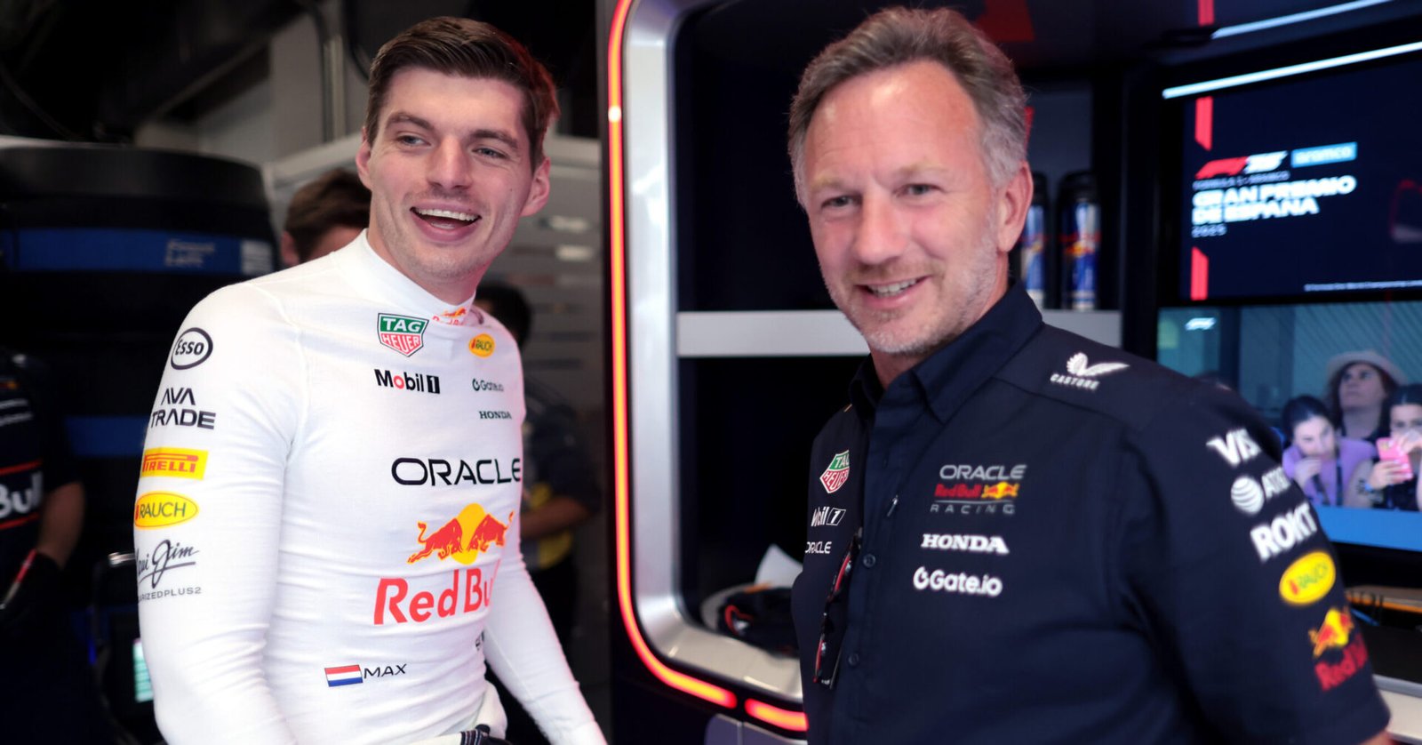 BARCELONA, SPAIN - MAY 30: Max Verstappen of the Netherlands and Oracle Red Bull Racing and Christian Horner, Team Principal of Oracle Red Bull Racing talk in the garage during practice ahead of the F1 Grand Prix of Spain at Circuit de Barcelona-Catalunya on May 30, 2025 in Barcelona, Spain. (Photo by Mark Thompson/Getty Images) // Getty Images / Red Bull Content Pool // SI202505300754 // Usage for editorial use only //