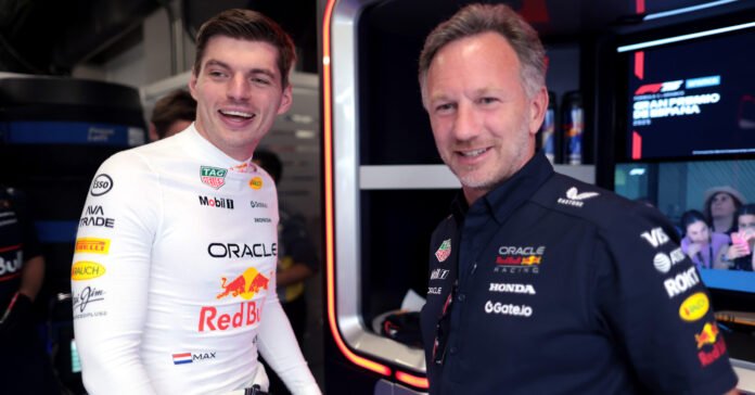 BARCELONA, SPAIN - MAY 30: Max Verstappen of the Netherlands and Oracle Red Bull Racing and Christian Horner, Team Principal of Oracle Red Bull Racing talk in the garage during practice ahead of the F1 Grand Prix of Spain at Circuit de Barcelona-Catalunya on May 30, 2025 in Barcelona, Spain. (Photo by Mark Thompson/Getty Images) // Getty Images / Red Bull Content Pool // SI202505300754 // Usage for editorial use only //