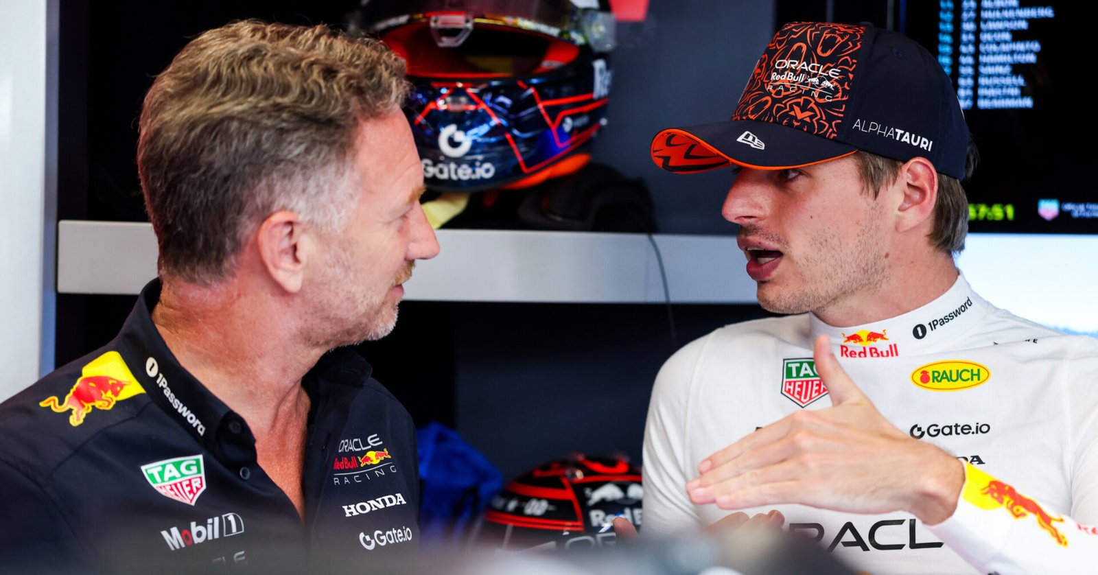 SPIELBERG, AUSTRIA - JUNE 27: Christian Horner, Team Principal of Oracle Red Bull Racing and Max Verstappen of the Netherlands and Oracle Red Bull Racing talk in the garage during practice ahead of the F1 Grand Prix of Austria at Red Bull Ring on June 27, 2025 in Spielberg, Austria. (Photo by Mark Thompson/Getty Images) // Getty Images / Red Bull Content Pool // SI202506270682 // Usage for editorial use only //