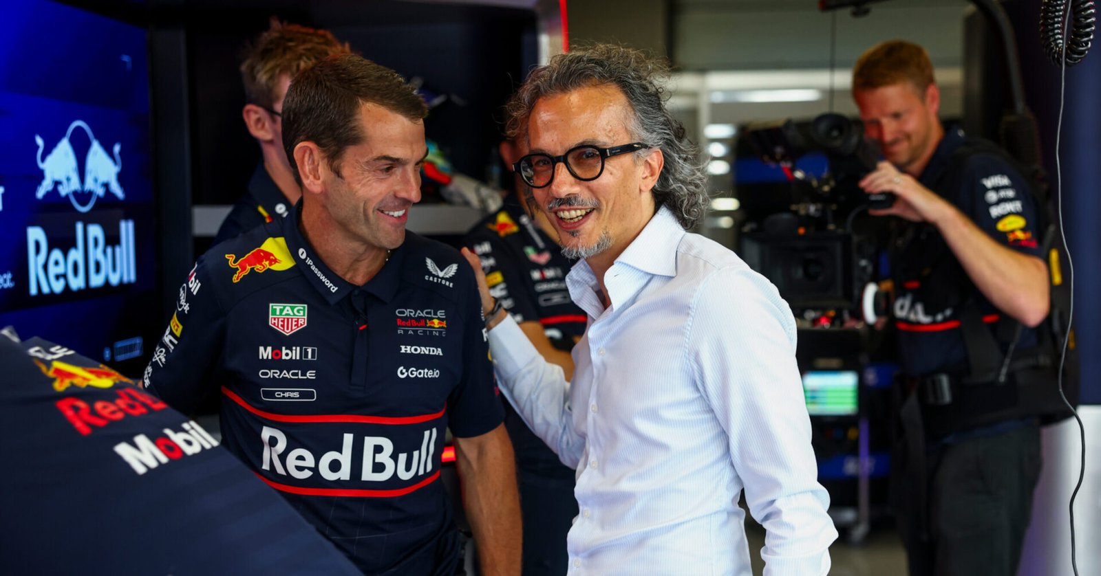 Max Verstappen and Laurent Mekies seen with Oracle Red Bull Racing crew members at Silverstone Circuit in Silverstone, United Kindom on 10.07.2025. // Getty Images // SI202507100314 // Usage for editorial use only //