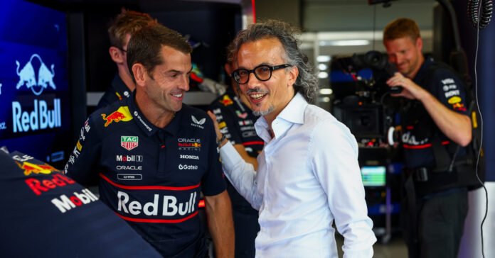 Max Verstappen and Laurent Mekies seen with Oracle Red Bull Racing crew members at Silverstone Circuit in Silverstone, United Kindom on 10.07.2025. // Getty Images // SI202507100314 // Usage for editorial use only //