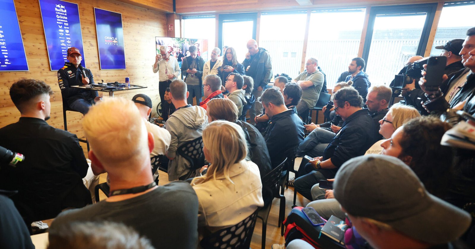 SPA, BELGIUM - JULY 24: Max Verstappen of the Netherlands and Oracle Red Bull Racing talks to the media during previews ahead of the F1 Grand Prix of Belgium at Circuit de Spa-Francorchamps on July 24, 2025 in Spa, Belgium. (Photo by Mark Thompson/Getty Images) // Getty Images / Red Bull Content Pool // SI202507241102 // Usage for editorial use only //