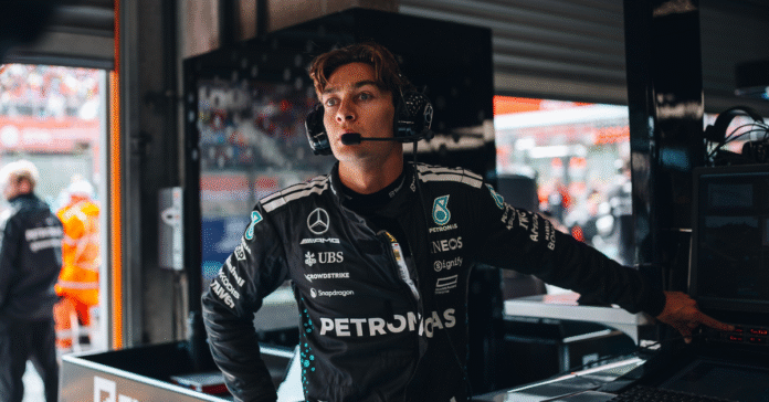 George Russell in the Mercedes garage in Belgium // Photo Credit: Richard Pardon / Mercedes Content Pool //