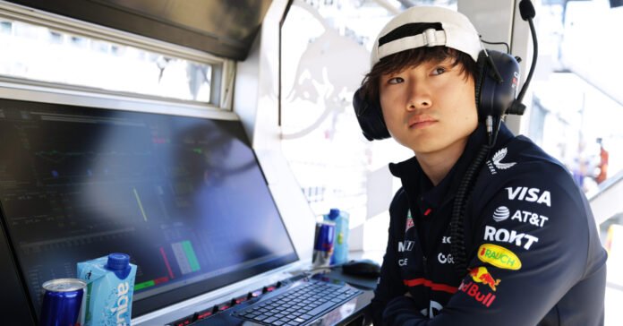 NORTHAMPTON, ENGLAND - JULY 04: Yuki Tsunoda of Japan and Oracle Red Bull Racing looks on from the pit wall during practice ahead of the F1 Grand Prix of Great Britain at Silverstone Circuit on July 04, 2025 in Northampton, England. (Photo by Mark Thompson/Getty Images) // Getty Images / Red Bull Content Pool // SI202507040285 // Usage for editorial use only //