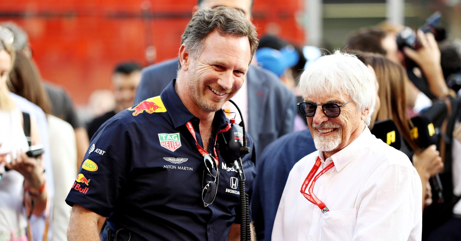 ABU DHABI, UNITED ARAB EMIRATES - DECEMBER 01: Red Bull Racing Team Principal Christian Horner talks with Bernie Ecclestone, Chairman Emeritus of the Formula One Group, on the grid before the F1 Grand Prix of Abu Dhabi at Yas Marina Circuit on December 01, 2019 in Abu Dhabi, United Arab Emirates. (Photo by Mark Thompson/Getty Images) // Getty Images / Red Bull Content Pool // SI201912010503 // Usage for editorial use only //