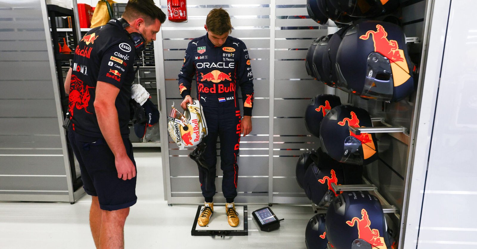 JEDDAH, SAUDI ARABIA - MARCH 25: Max Verstappen of the Netherlands and Oracle Red Bull Racing is weighed in the garage during practice ahead of the F1 Grand Prix of Saudi Arabia at the Jeddah Corniche Circuit on March 25, 2022 in Jeddah, Saudi Arabia. (Photo by Mark Thompson/Getty Images) // Getty Images / Red Bull Content Pool // SI202203250521 // Usage for editorial use only //