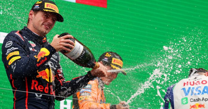 Max Verstappen, Oscar Piastri and Isack Hadjar celebrating their podium after the Dutch Grand Prix // Photo by Mark Thompson/Getty Images / Red Bull Content Pool //