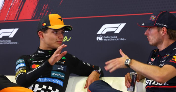 MONZA, ITALY - SEPTEMBER 07: Race winner Max Verstappen of the Netherlands and Oracle Red Bull Racing and Second placed Lando Norris of Great Britain and McLaren talk in the Drivers Press Conference during the F1 Grand Prix of Italy at Autodromo Nazionale Monza on September 07, 2025 in Monza, Italy. (Photo by Clive Rose/Getty Images) // Getty Images / Red Bull Content Pool // SI202509071140 // Usage for editorial use only //